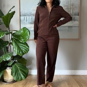 Vintage Brown Faux suede Set 90s Matching Jacket Pants Minimalist Y2K Petite